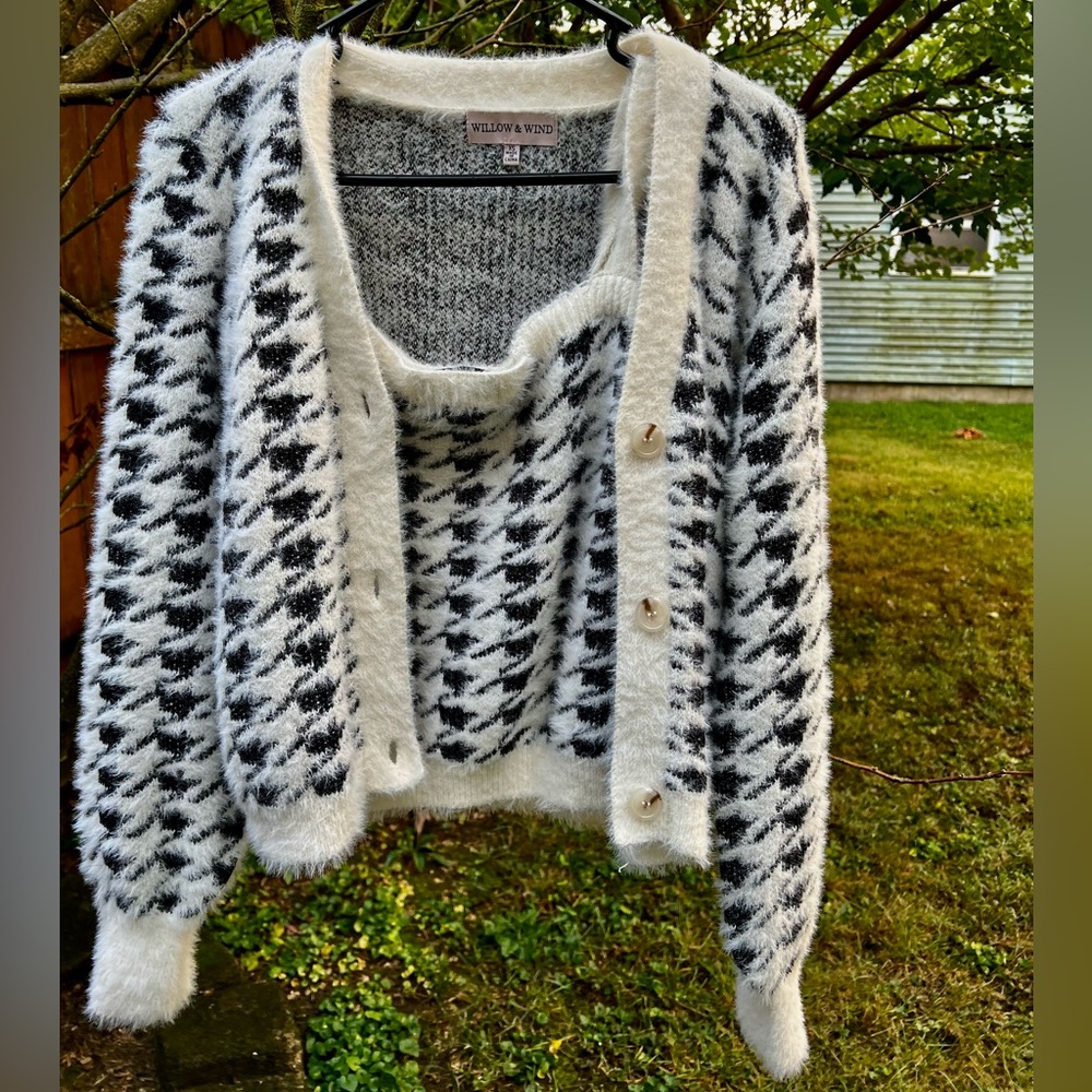 Willow & Wind houndstooth twin set sweater cardigan cardi oversized XS